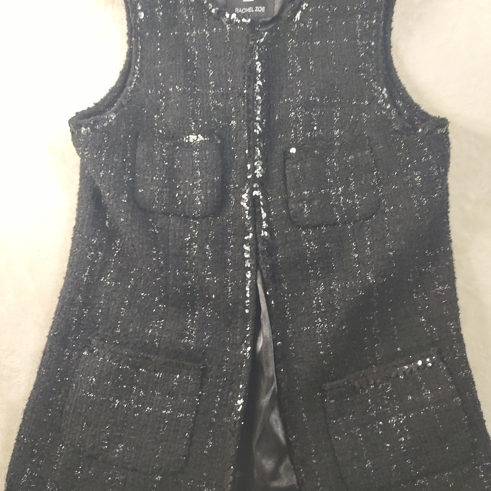 Rachel Zoe Black Sequin Tweed Vest